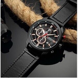 NEW Curren Chronograph Watch Men's Black Leather Strap Quartz Analog Military
